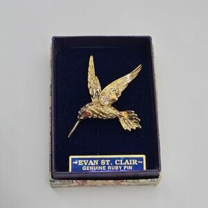 VTG Evan St Clair Genuine Ruby Eye & Rhinestones Hummingbird Brooch Pin Gold Box